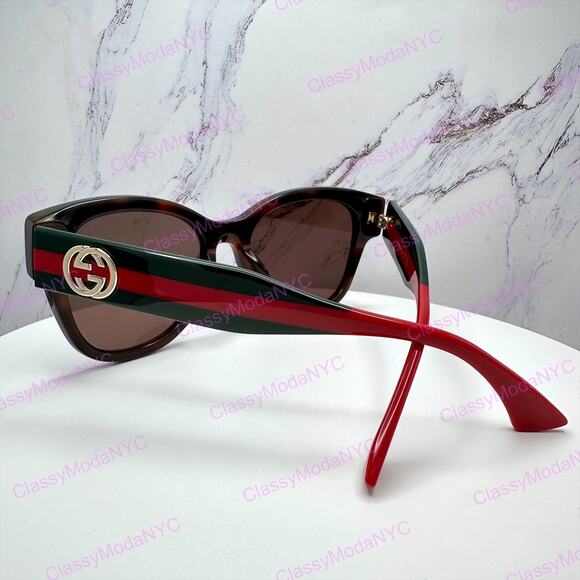 New GUCCI Sunglasses Brown Cat Eye Round Red Green Web Arms Gold GG Womens main image 16